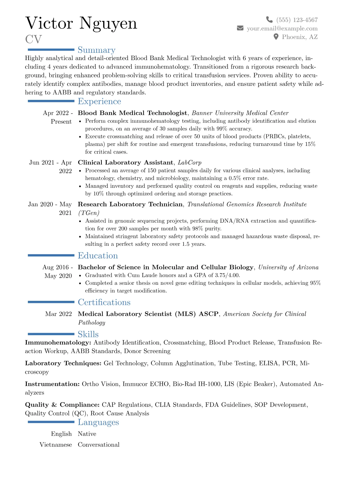 Blood Bank Medical Technologist resume example, Career changer, page 1
