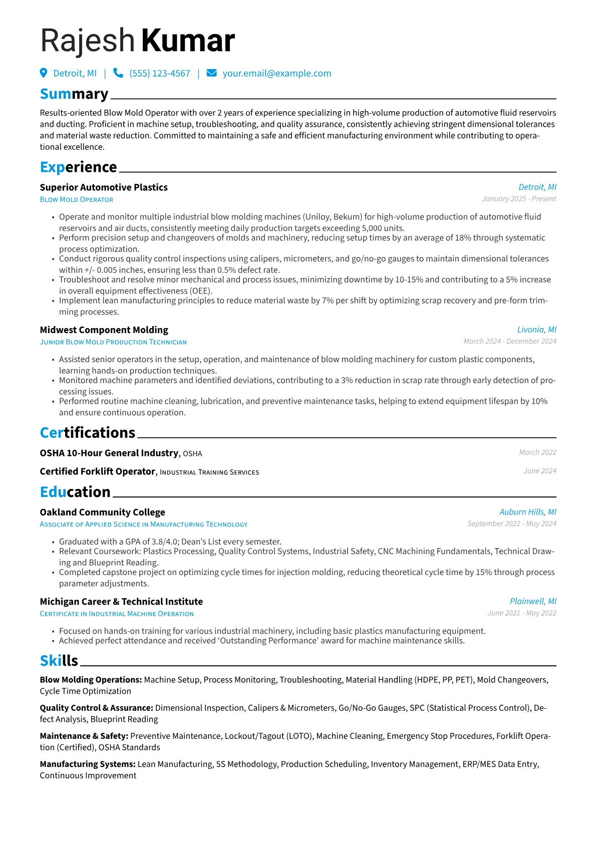 Blow Mold Operator resume example, Blow Molding Operations, page 1