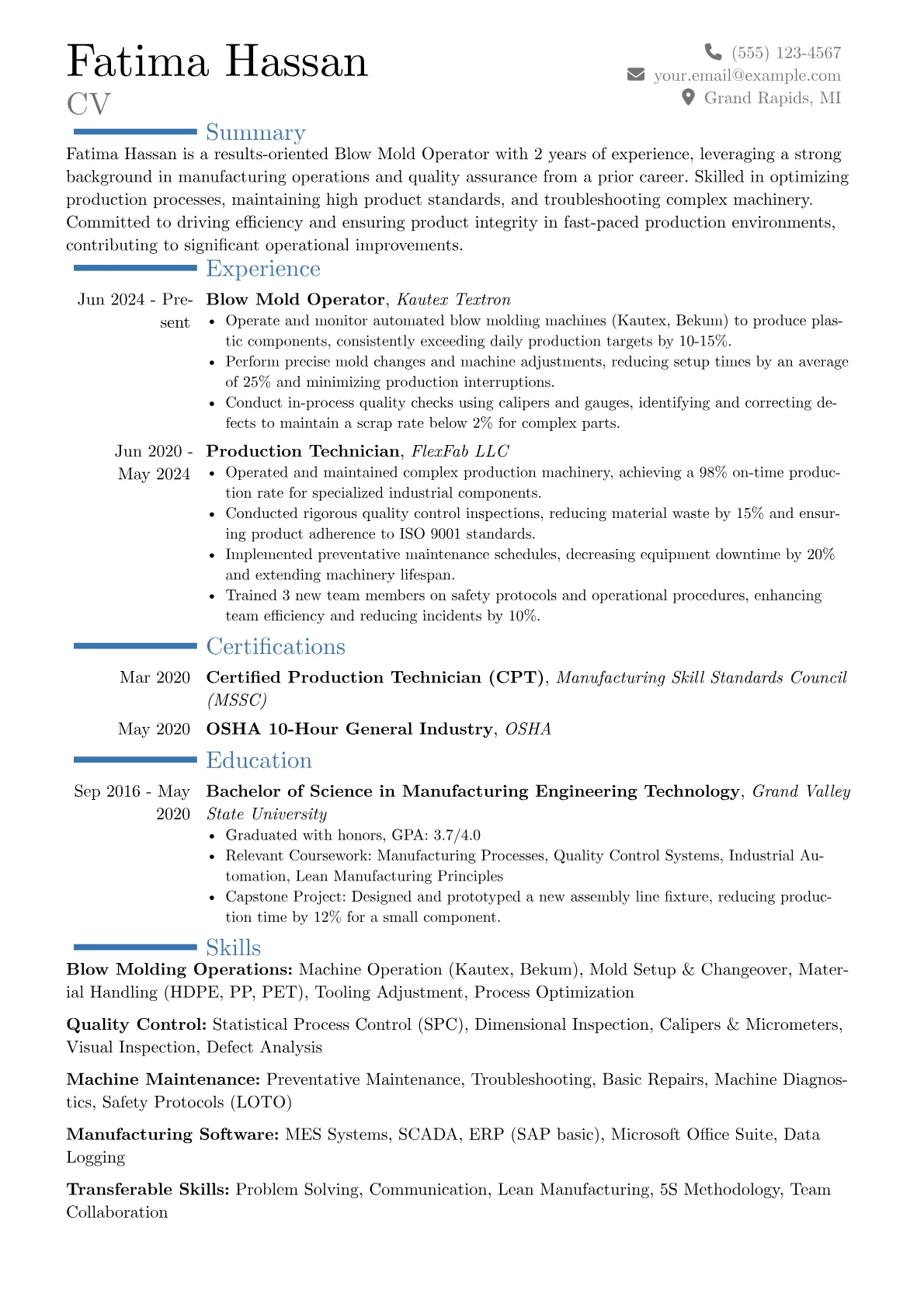 Blow Mold Operator resume example, Career changer, page 1