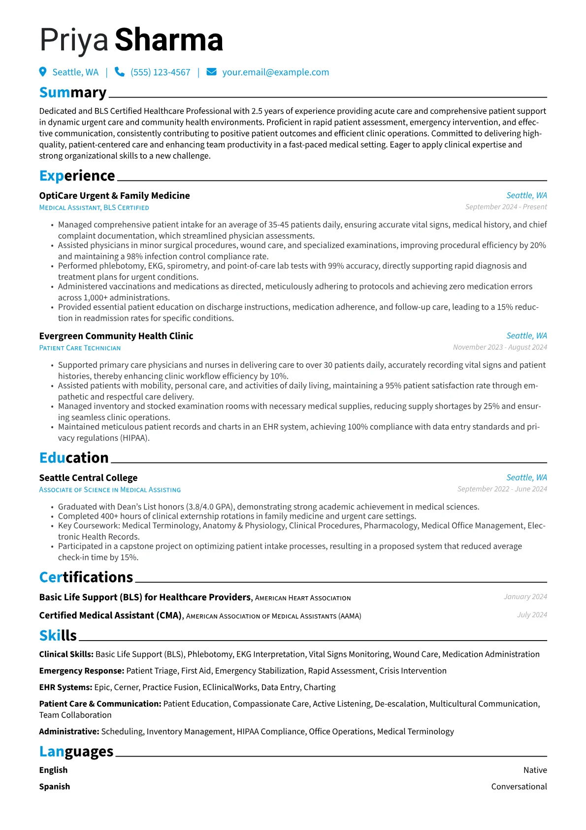 BLS Certified Professional resume example, Clinical Skills, page 1