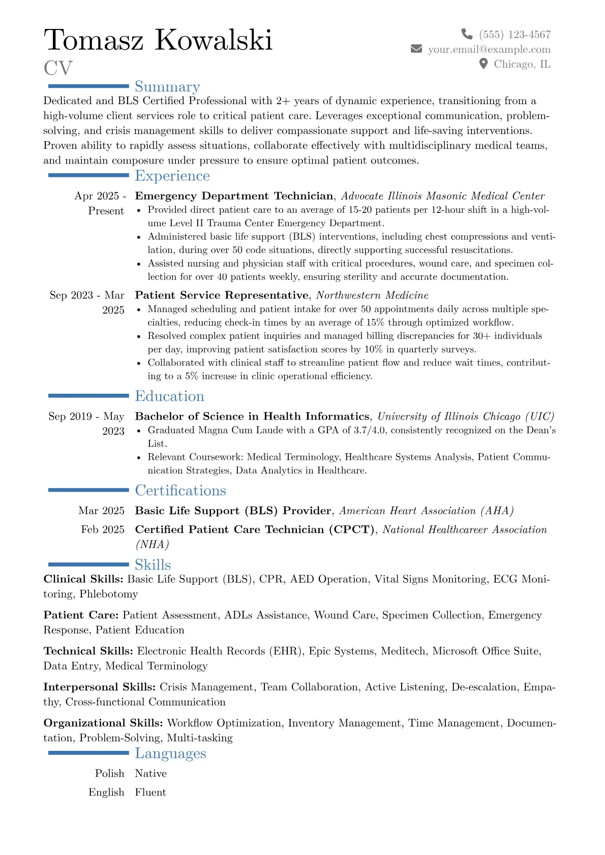 BLS Certified Professional resume example, Career changer, page 1