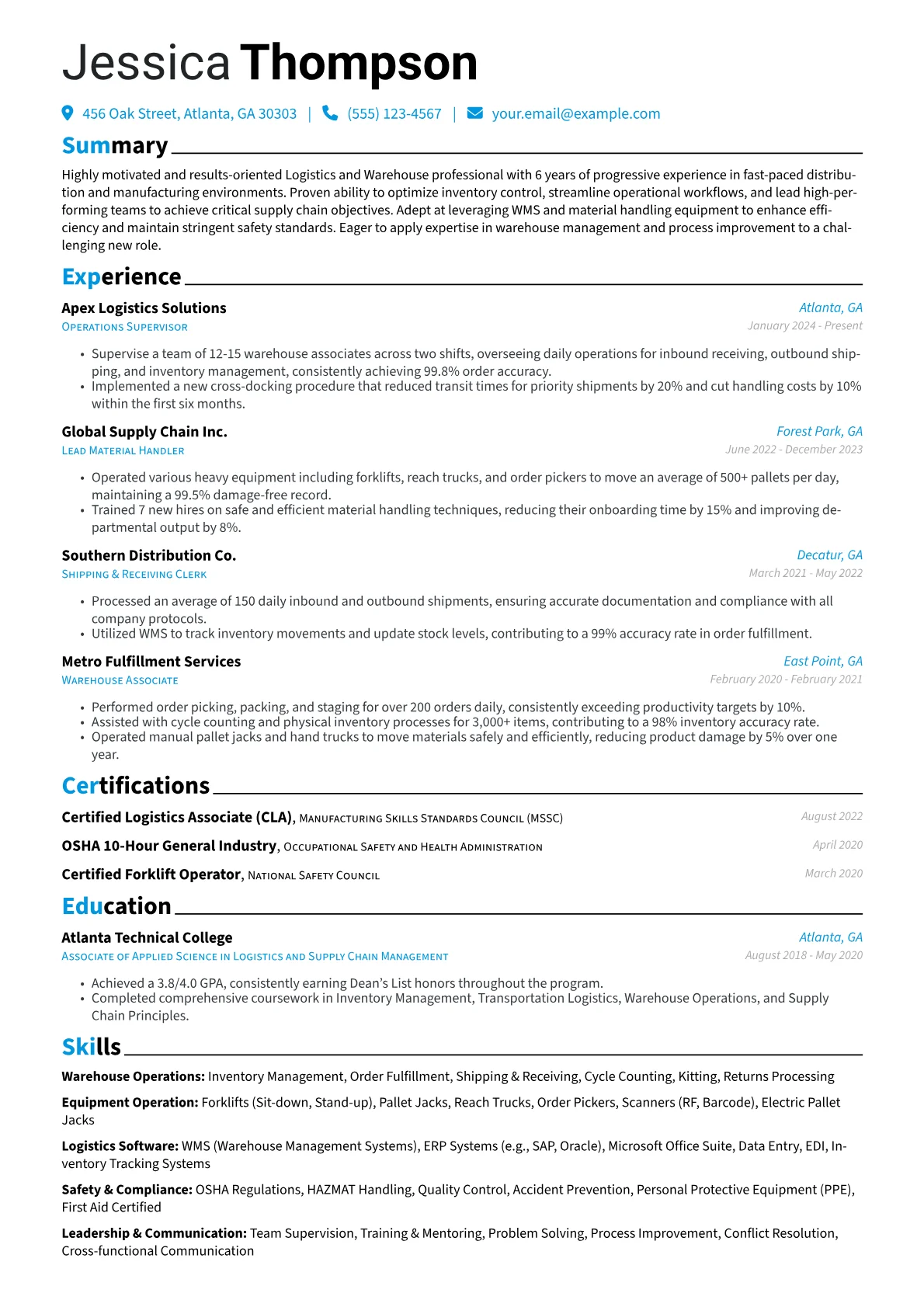 Blue Collar resume example, Blue Collar, page 1