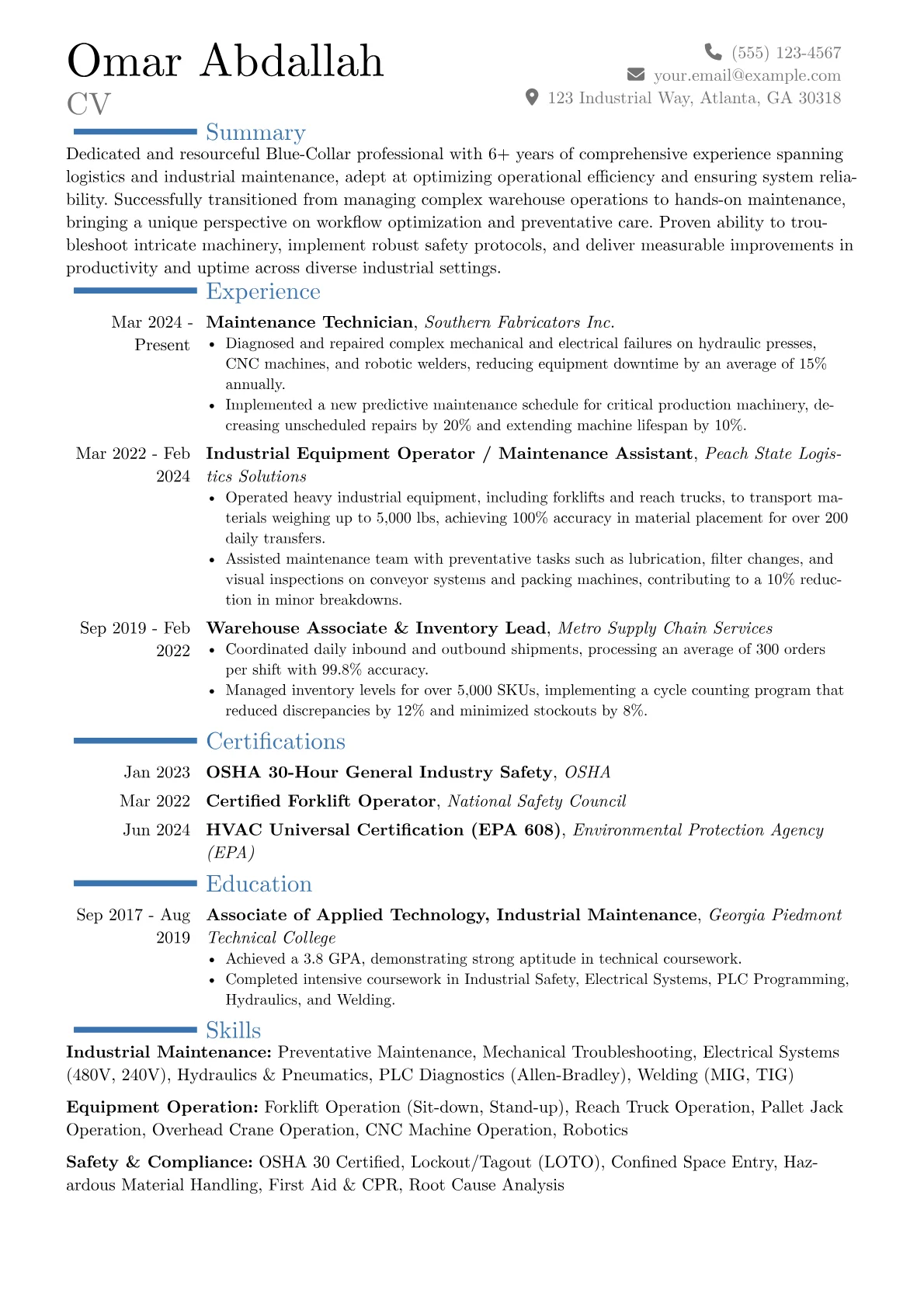 Blue Collar resume example, Career changer, page 1
