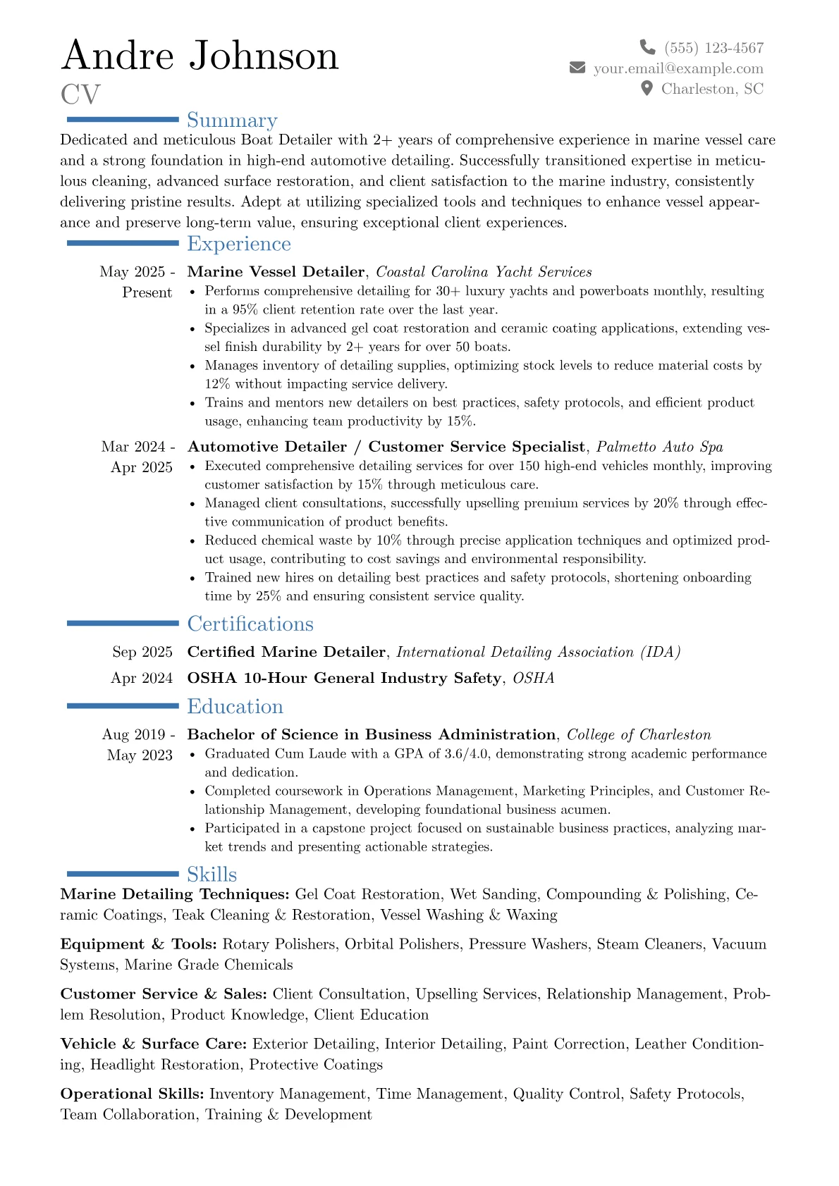 Boat Detailer resume example, Career changer, page 1