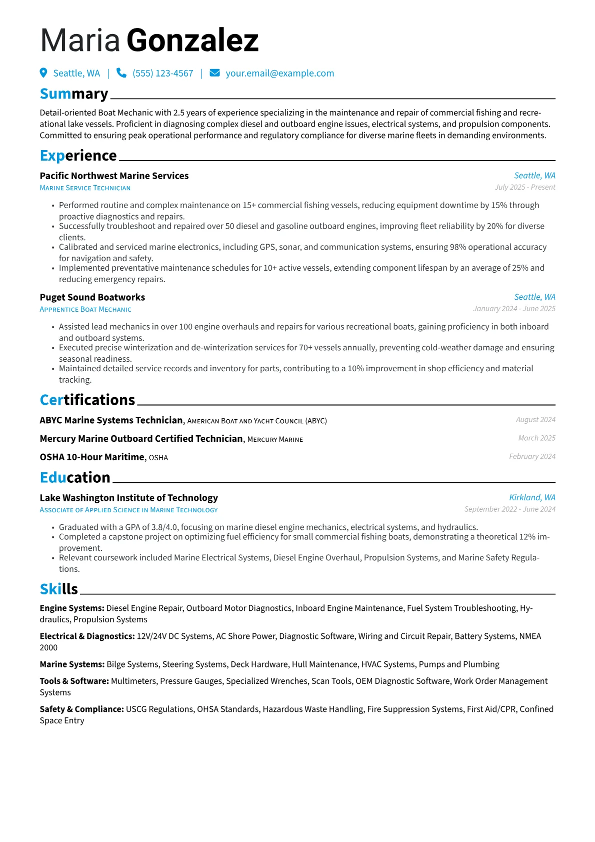 Boat Mechanic resume example, Freshwater/Commercial, page 1