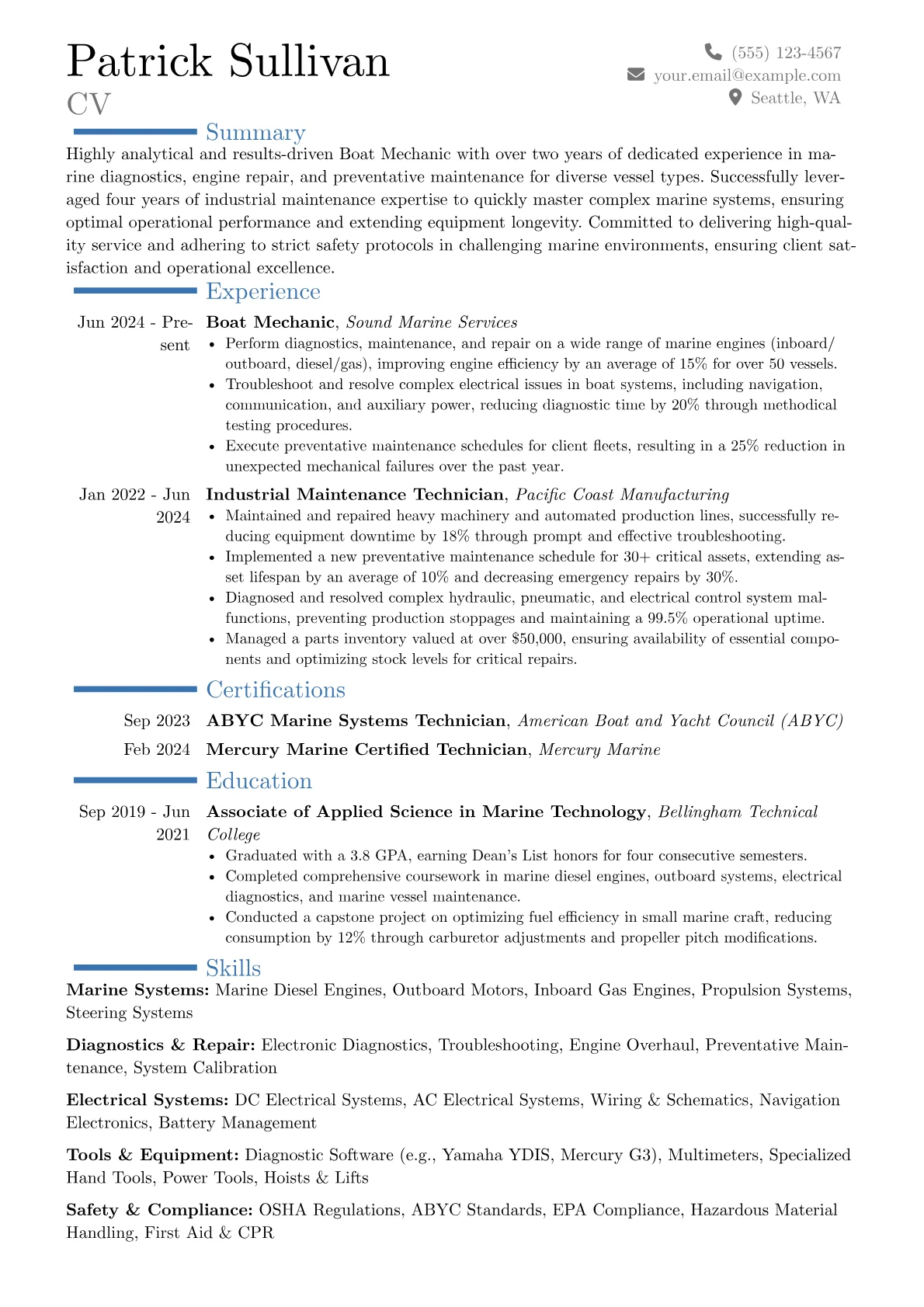 Boat Mechanic resume example, Career changer, page 1