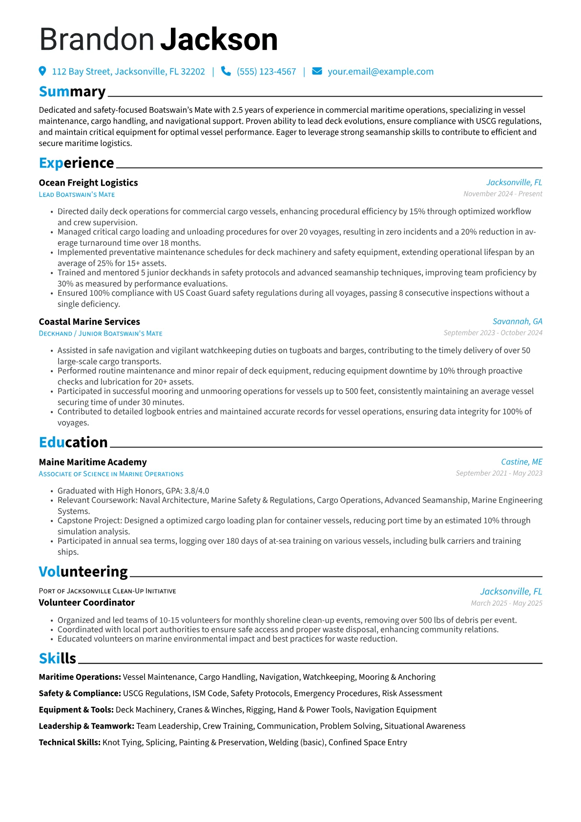 Boatswain's Mate resume example, Commercial Maritime Focus, page 1