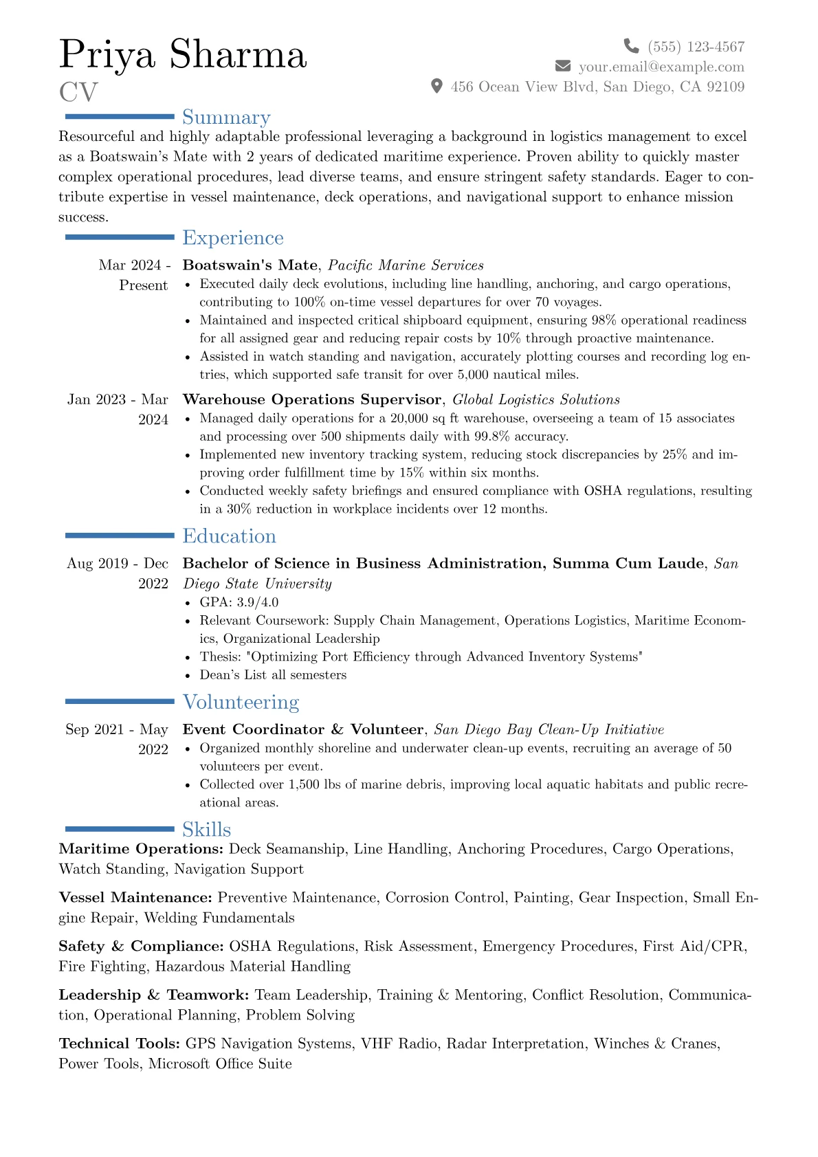 Boatswain's Mate resume example, Career changer, page 1