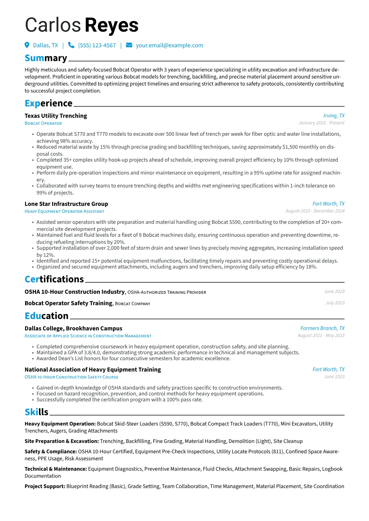 Bobcat Operator resume example, Bobcat Operator - Utility, page 1