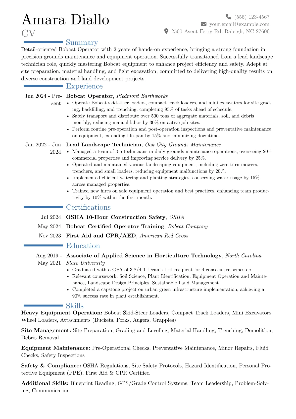 Bobcat Operator resume example, Career changer, page 1