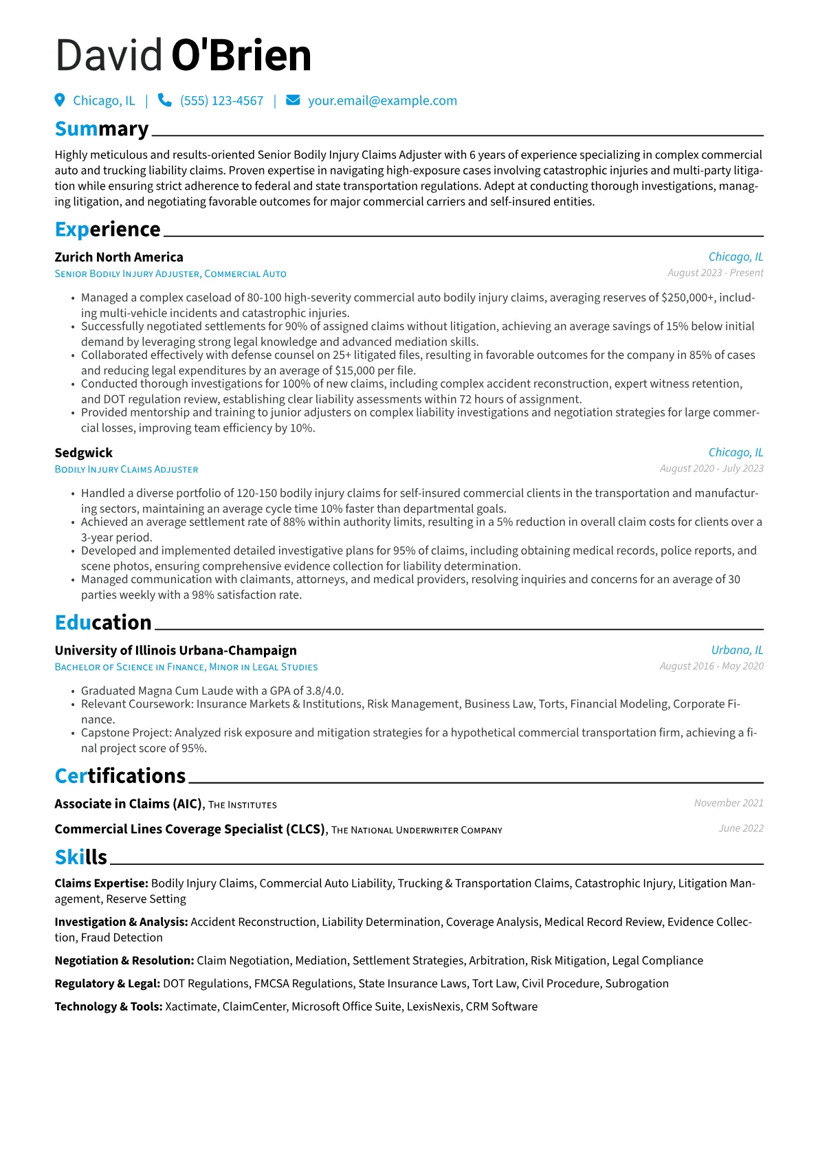 Bodily Injury Claims Adjuster resume example, Commercial Auto/Trucking, page 1