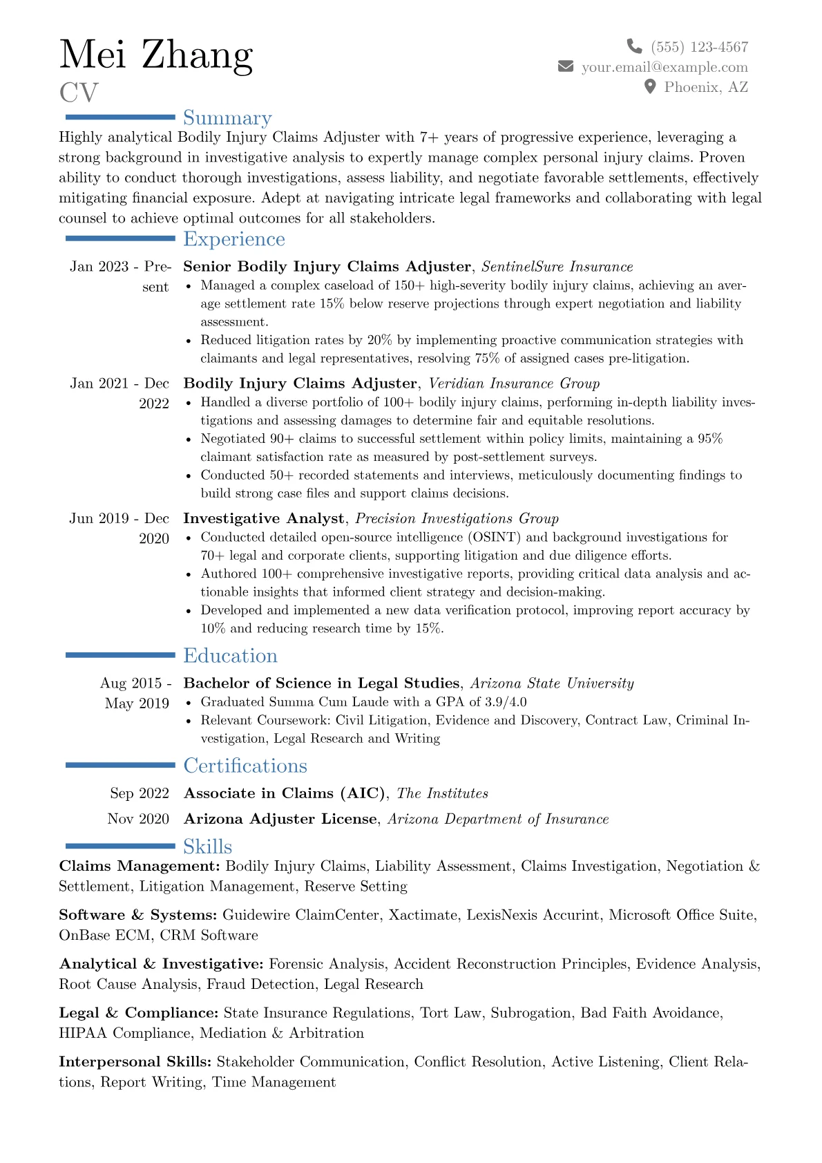 Bodily Injury Claims Adjuster resume example, Career changer, page 1