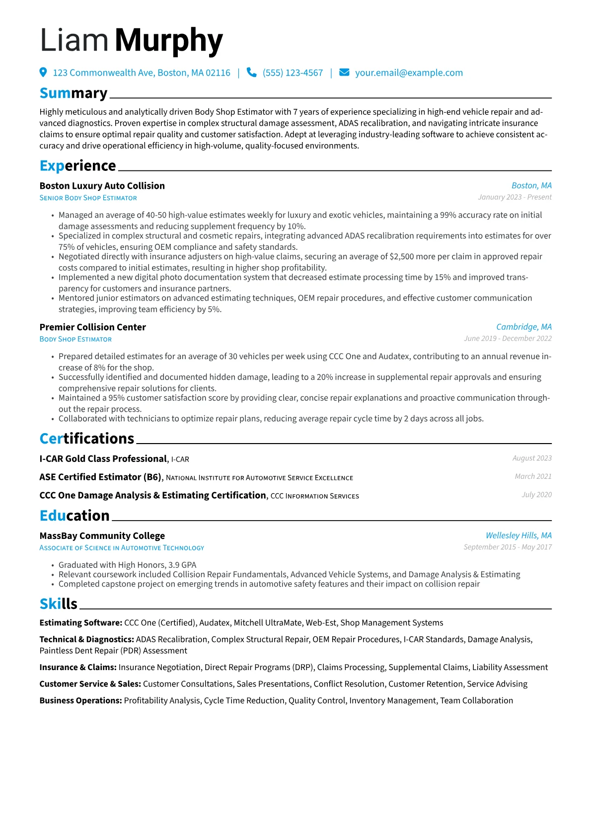Body Shop Estimator resume example, Specialized Estimator, page 1