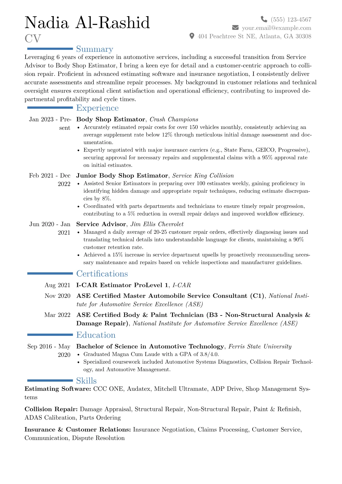 Body Shop Estimator resume example, Career changer, page 1