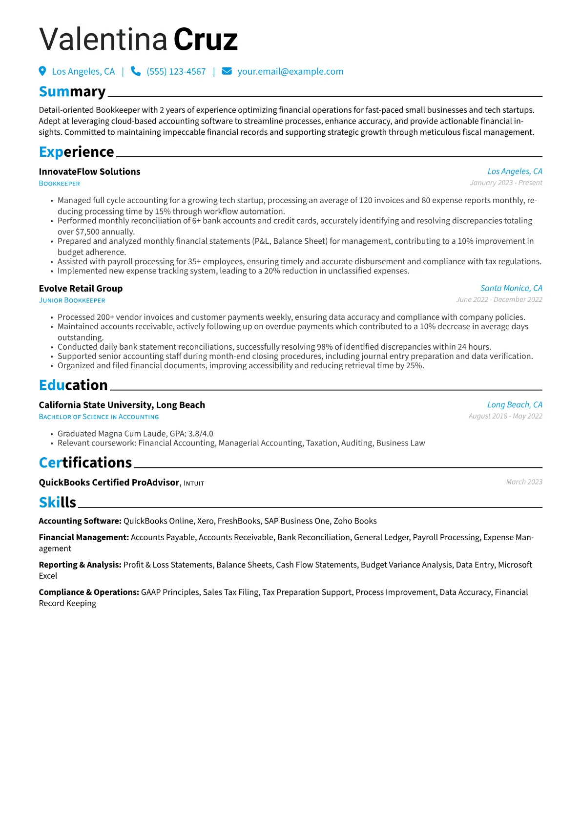 Bookkeeper Resume version - Page 1