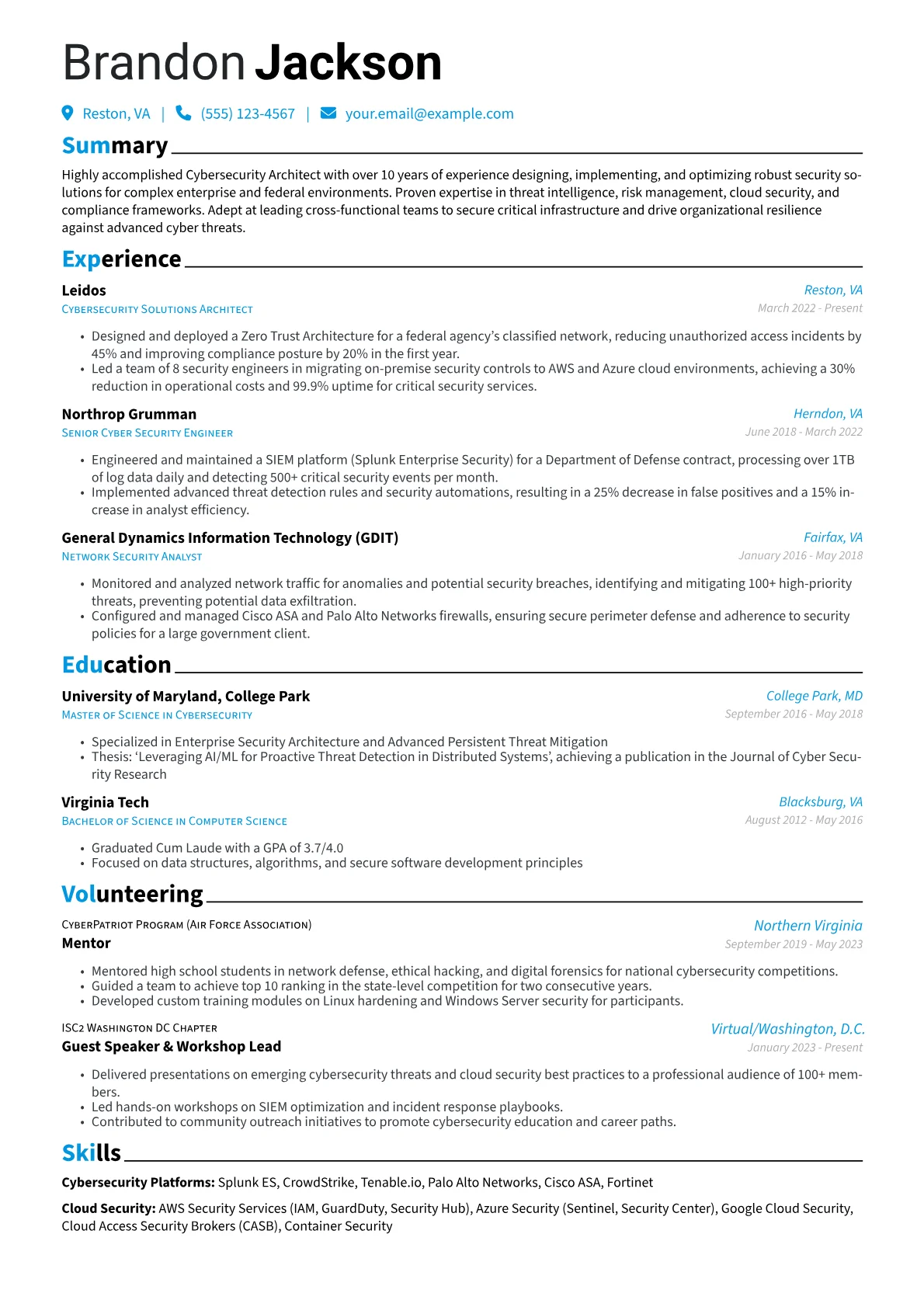 Booz Allen Hamilton resume example, Cybersecurity Platforms, page 1