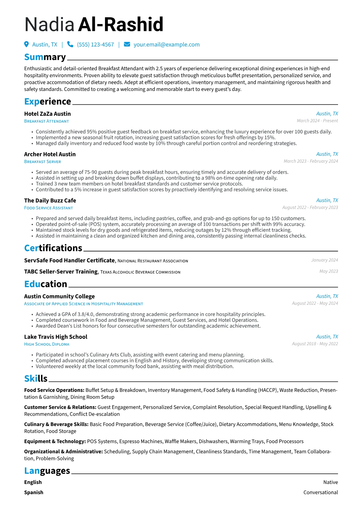 Breakfast Attendant resume example, Breakfast Attendant, page 1