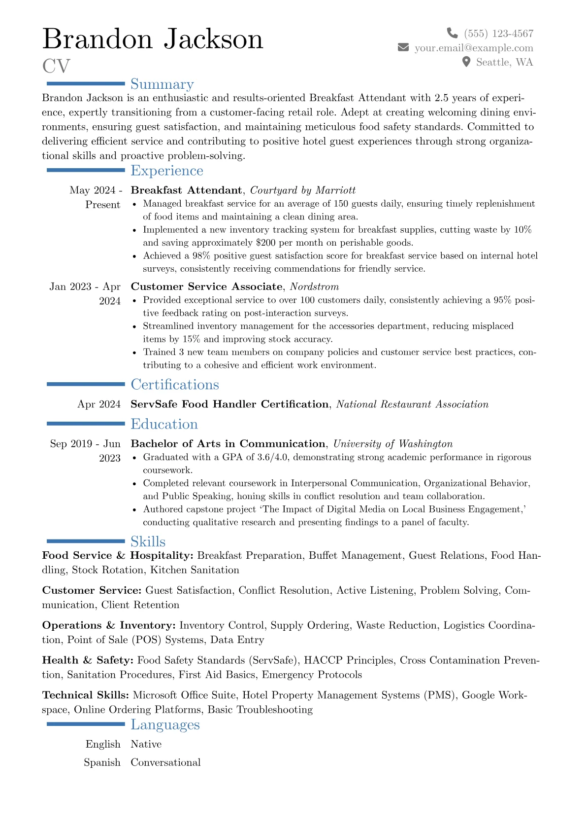 Breakfast Attendant resume example, Career changer, page 1