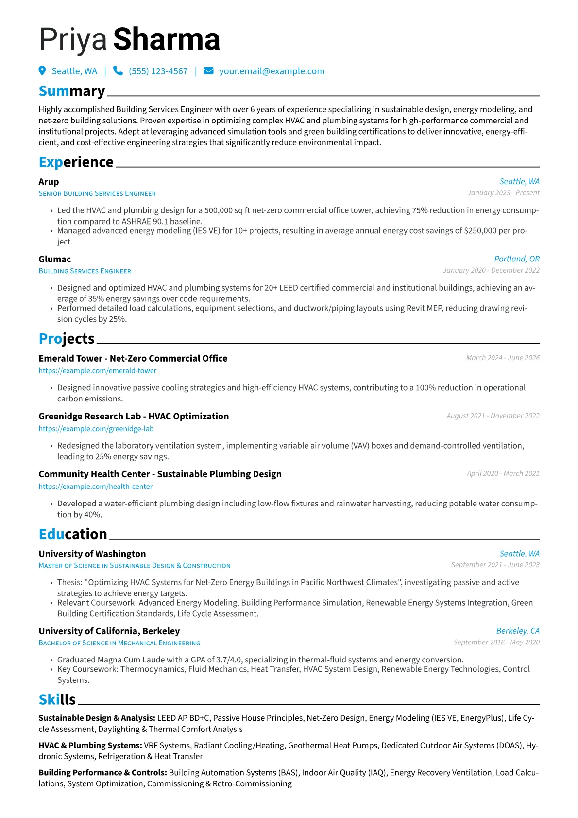Building Services Engineer resume example, Sustainable Design, page 1