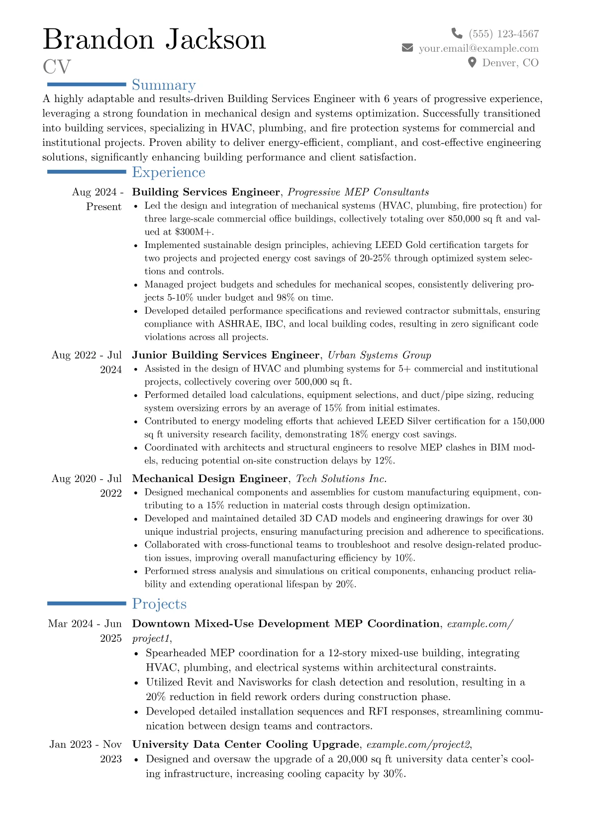Building Services Engineer resume example, Career changer, page 1
