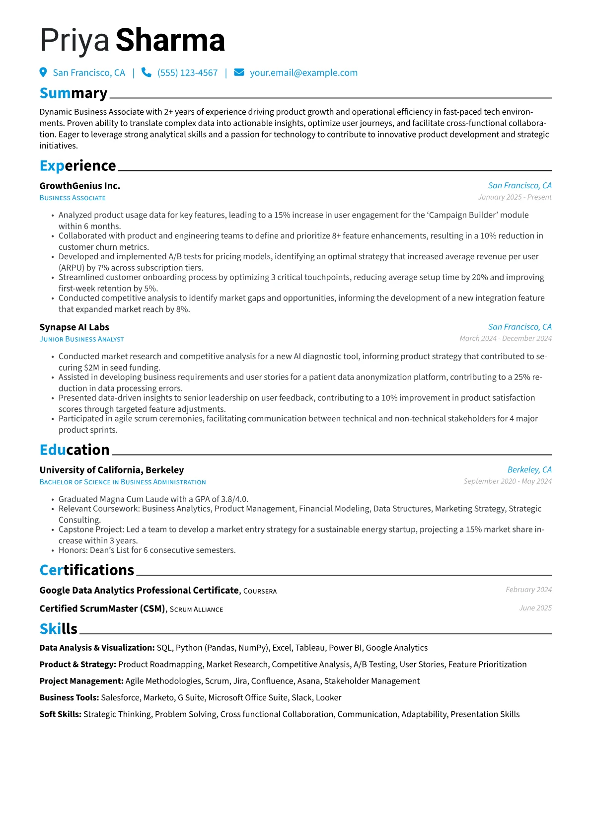 Business Associate resume example, Business Associate, page 1