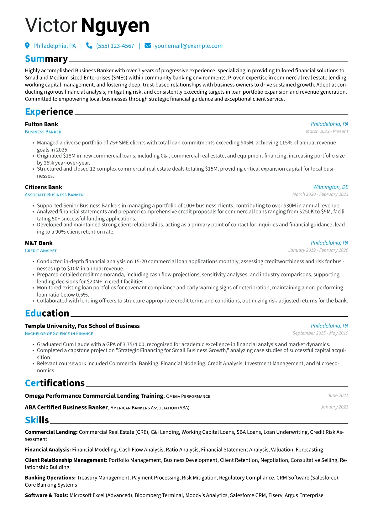 Business Banker resume example, Commercial Lending, page 1