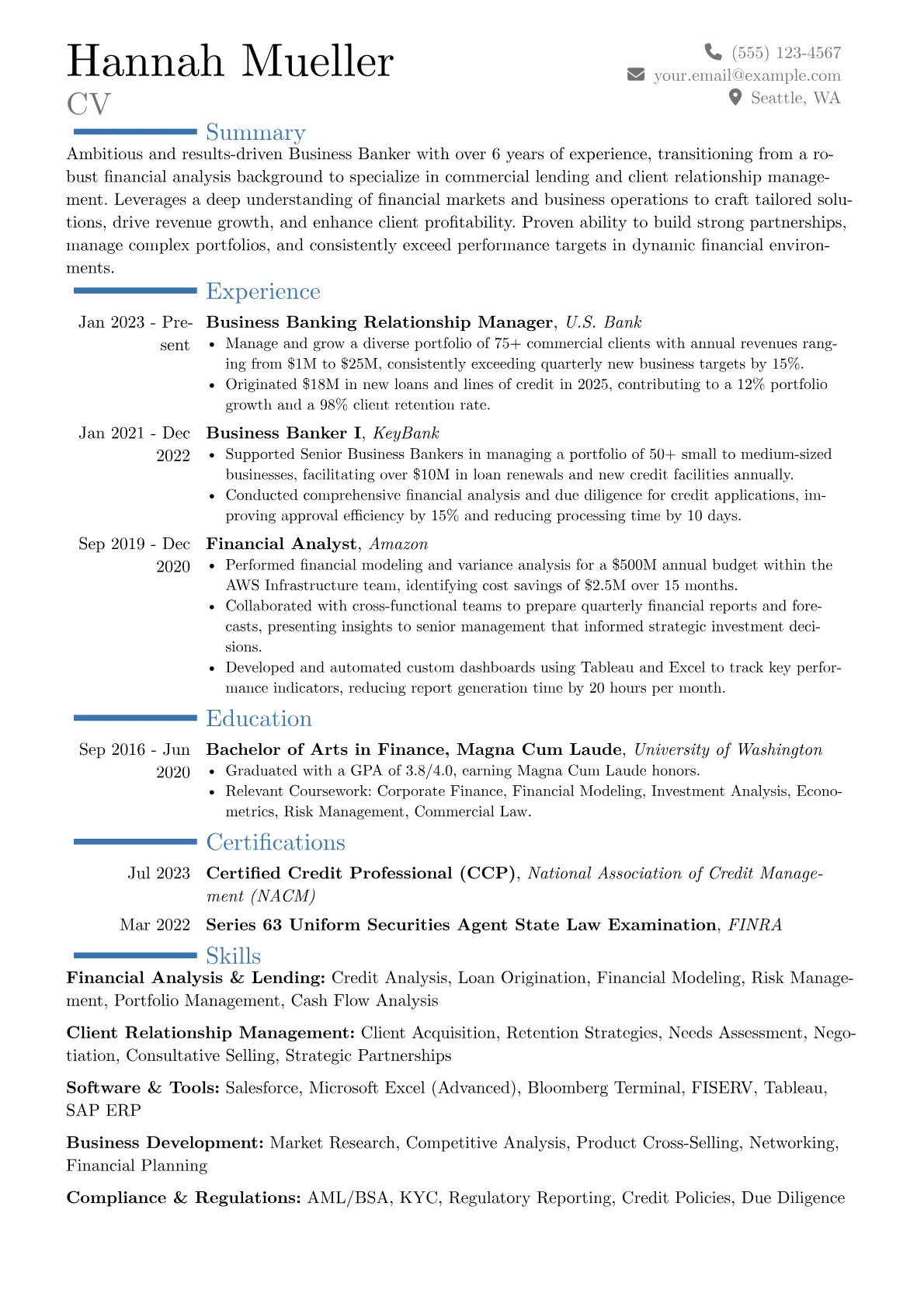 Business Banker resume example, Career changer, page 1