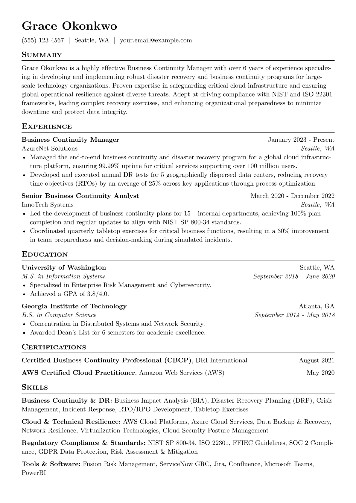Business Continuity Manager resume example, Cloud & Tech Resilience, page 1