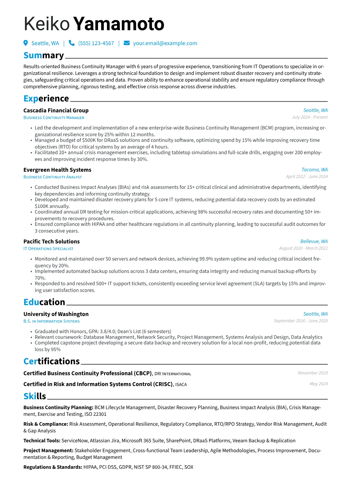 Business Continuity Manager resume example, Career changer, page 1