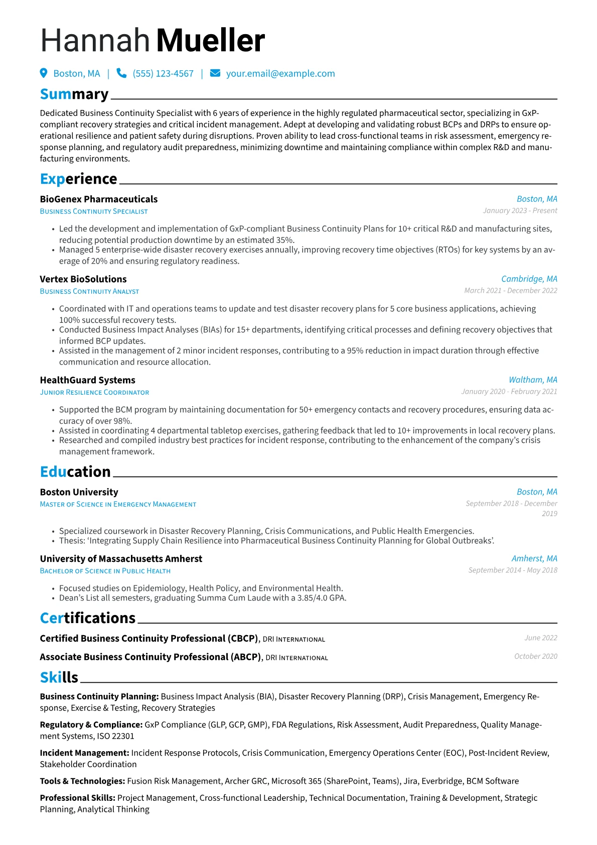 Business Continuity Specialist resume example, Business Continuity, page 1