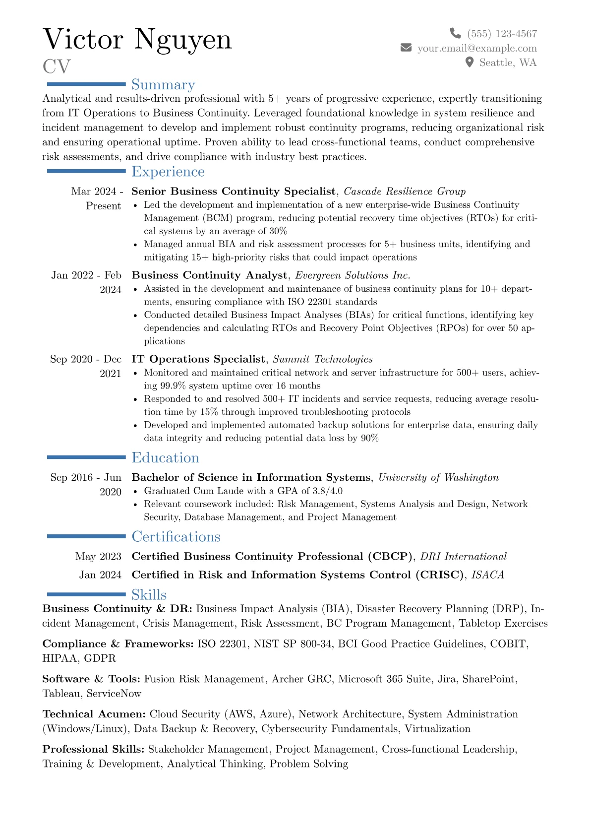 Business Continuity Specialist resume example, Career changer, page 1