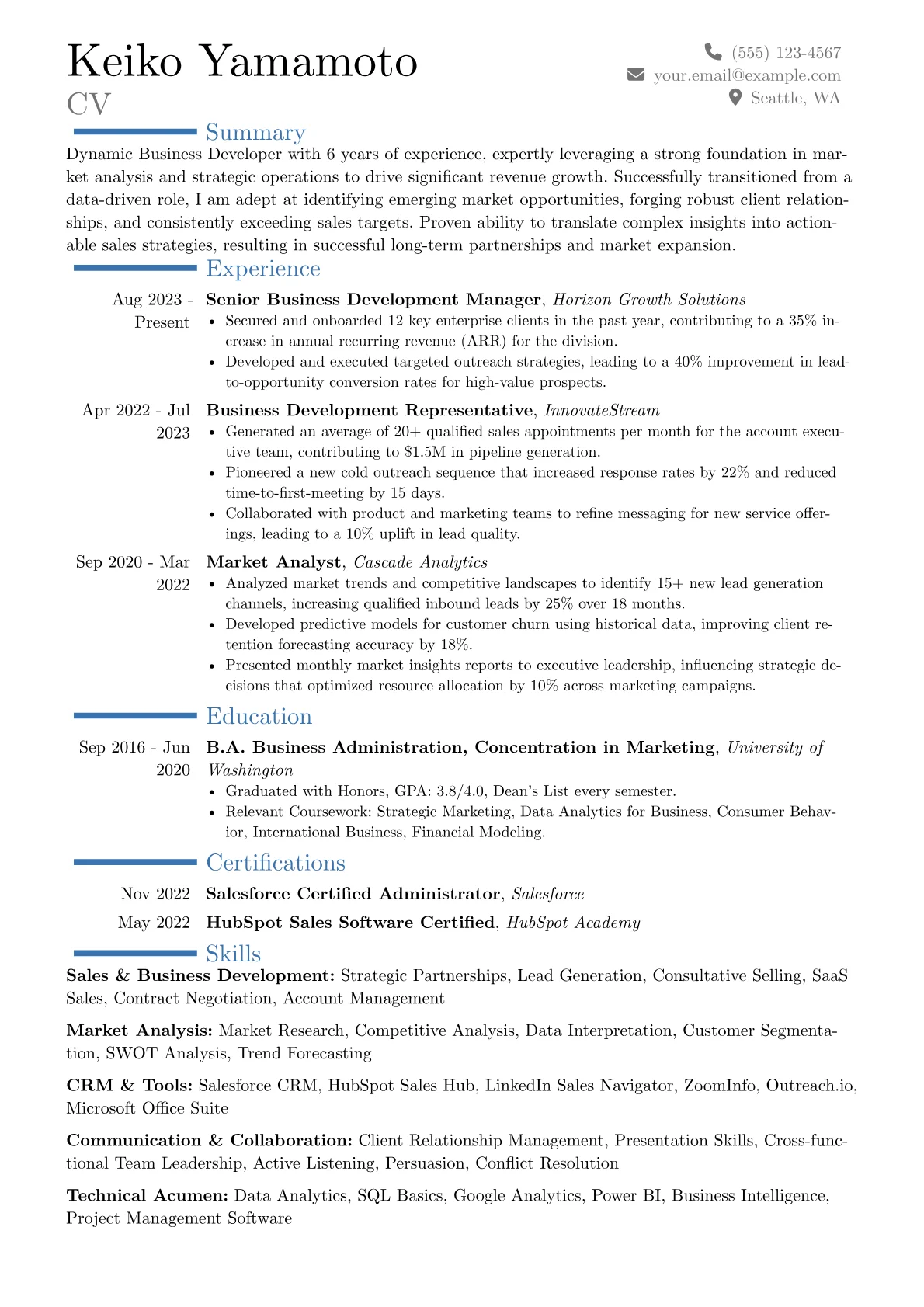 Business Developer resume example, Career changer, page 1