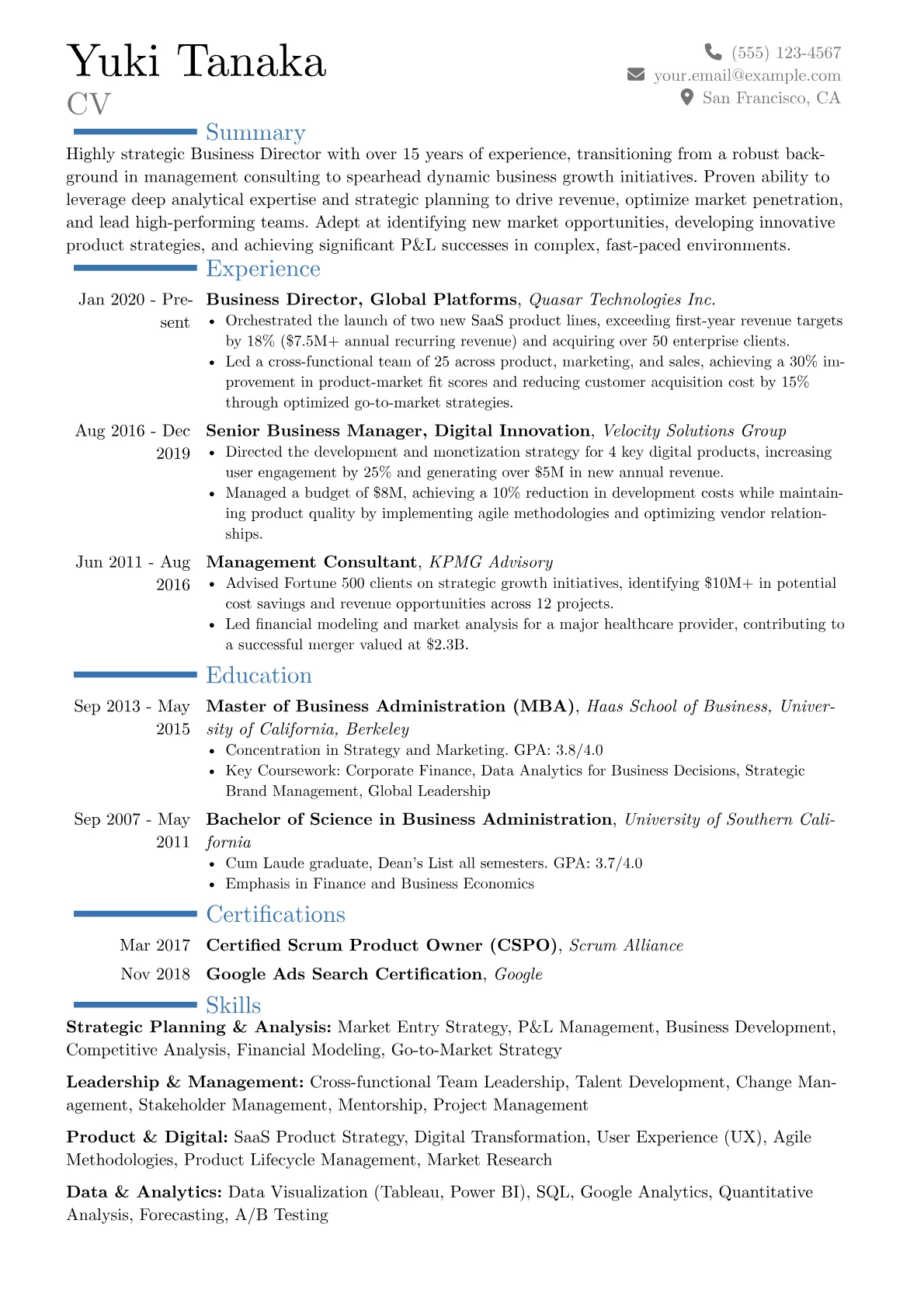 Business Director resume example, Career changer, page 1