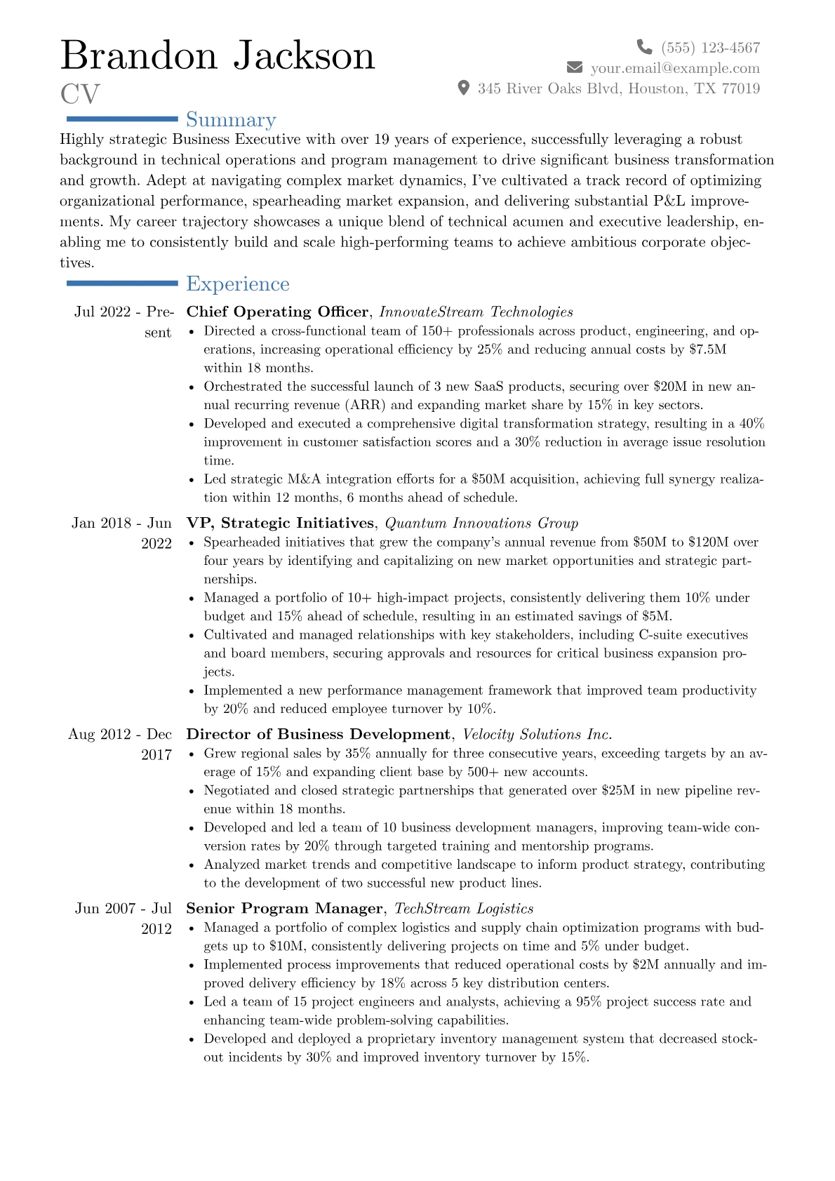 Business Executive resume example, Career changer, page 1