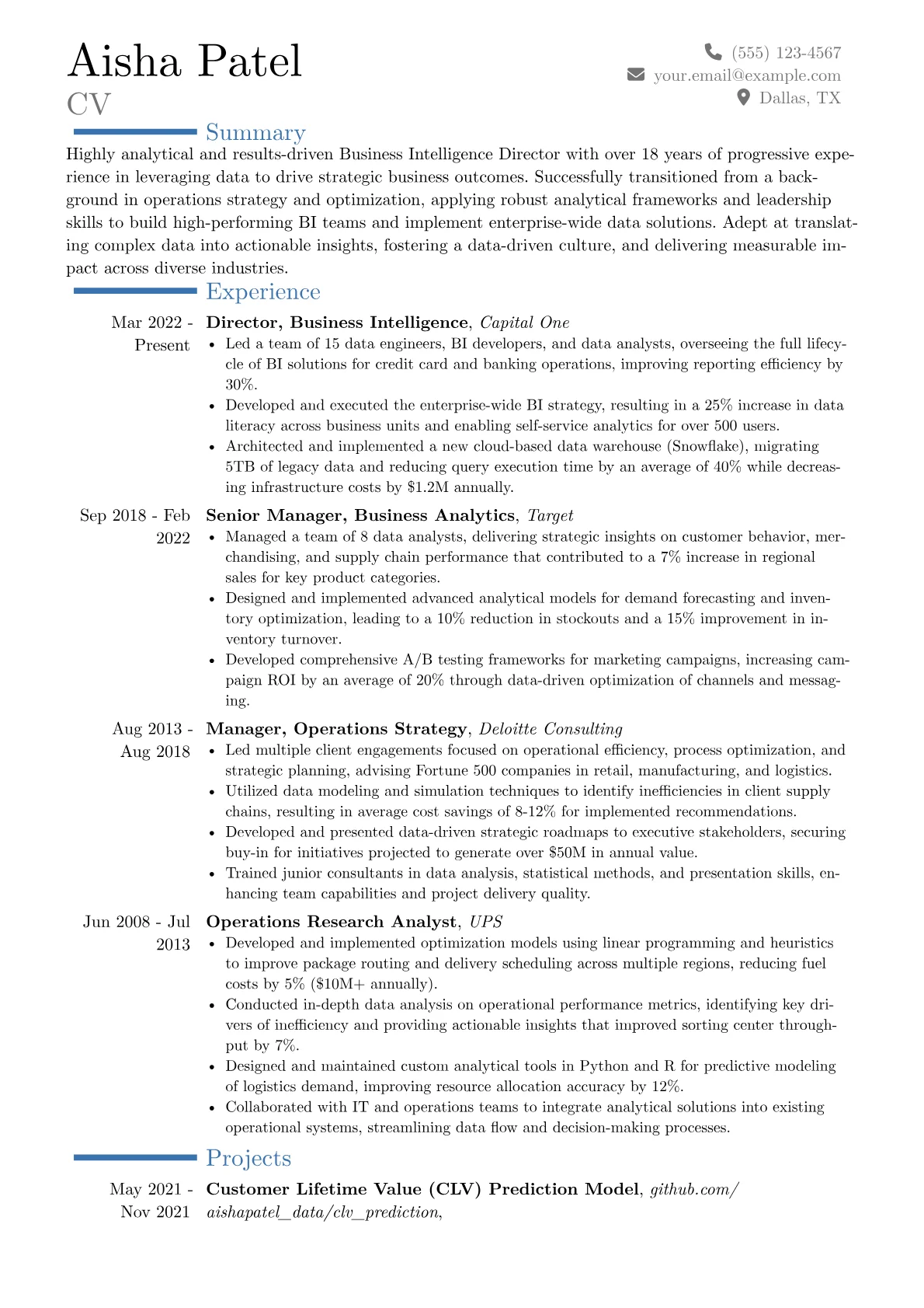Business Intelligence Director resume example, Career changer, page 1