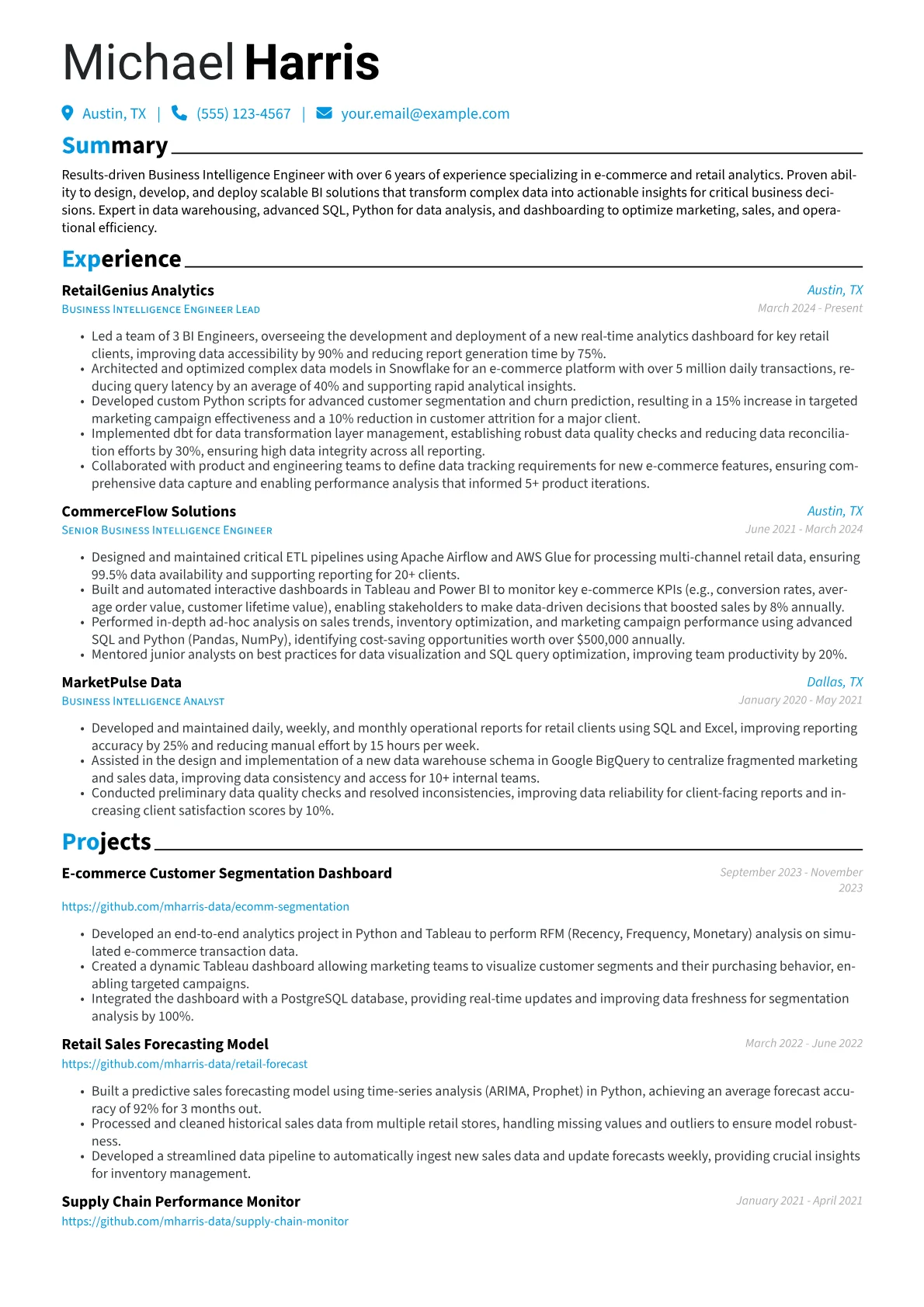 Business Intelligence Engineer resume example, Programming & Databases, page 1