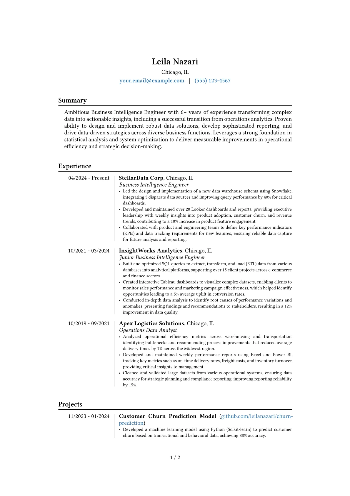 Business Intelligence Engineer resume example, Career changer, page 1