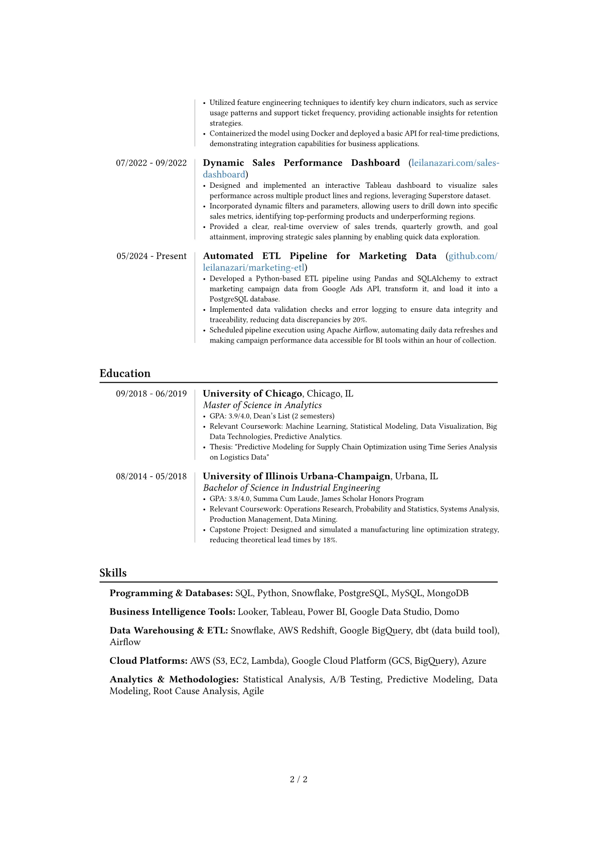 Business Intelligence Engineer resume example, Career changer, page 2