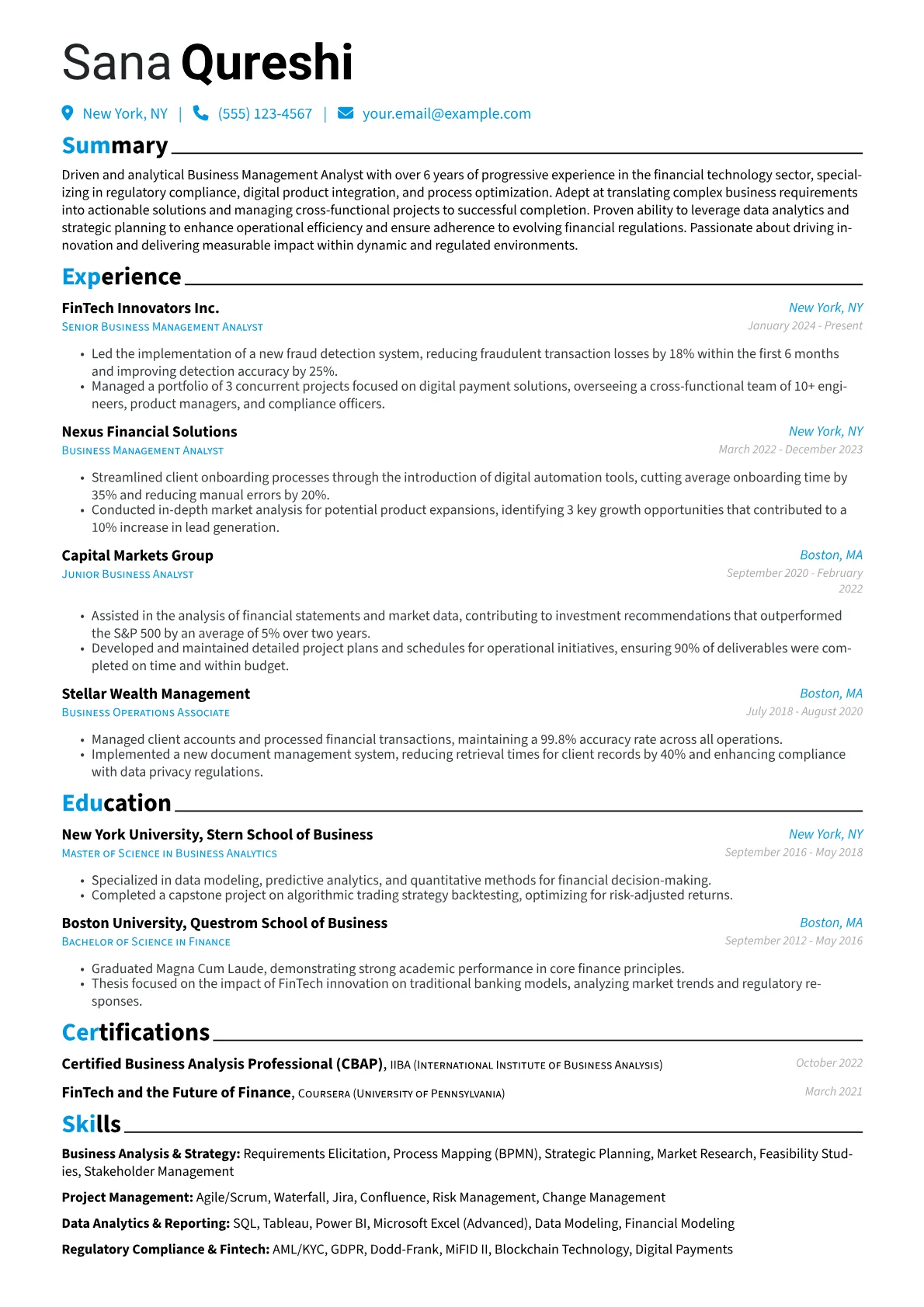 Business Management Analyst resume example, Business Management, page 1