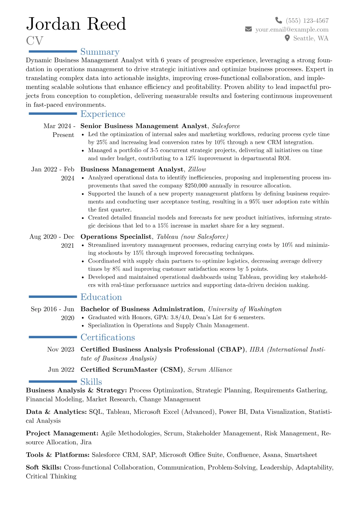 Business Management Analyst resume example, Career changer, page 1