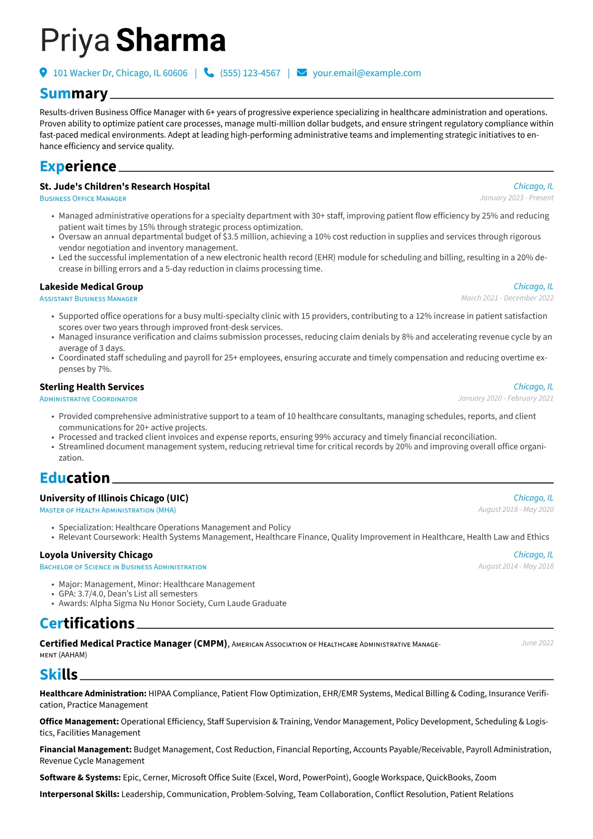 Business Office Manager resume example, Business Office Manager, page 1