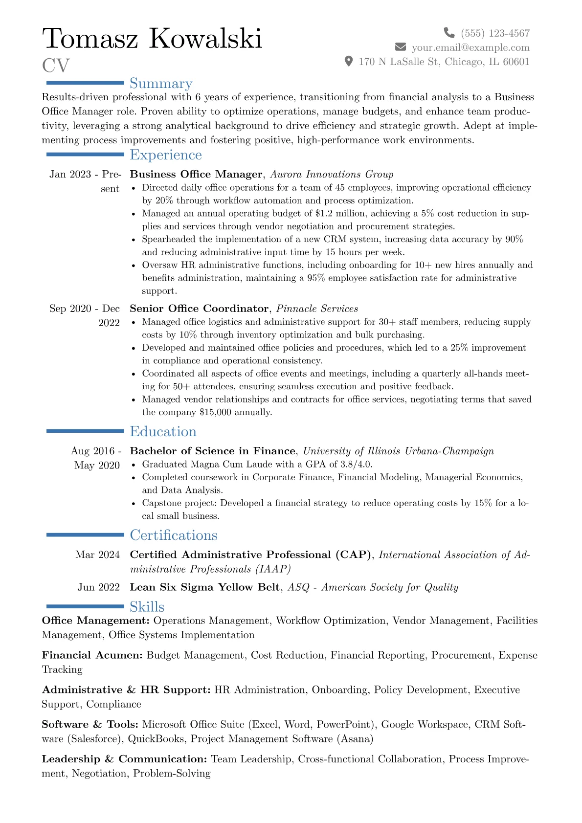 Business Office Manager resume example, Career changer, page 1
