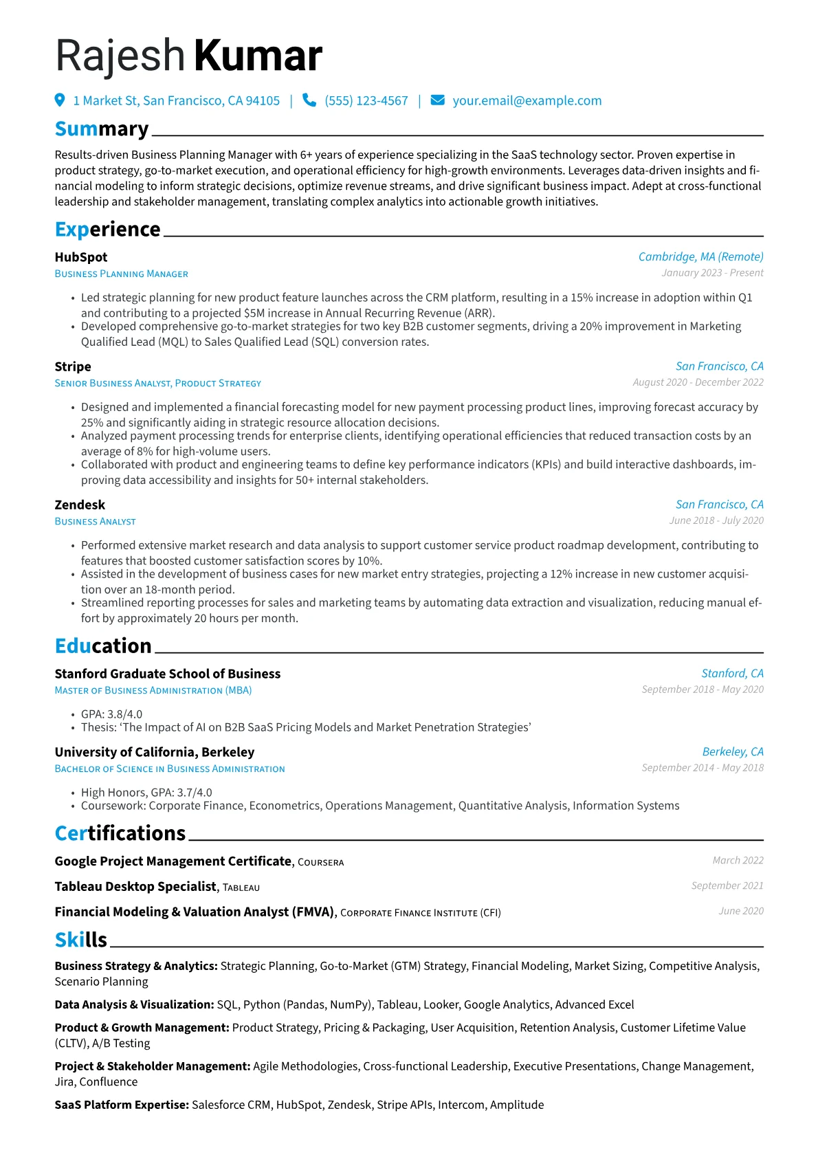 Business Planning Manager resume example, SaaS Product Strategy, page 1