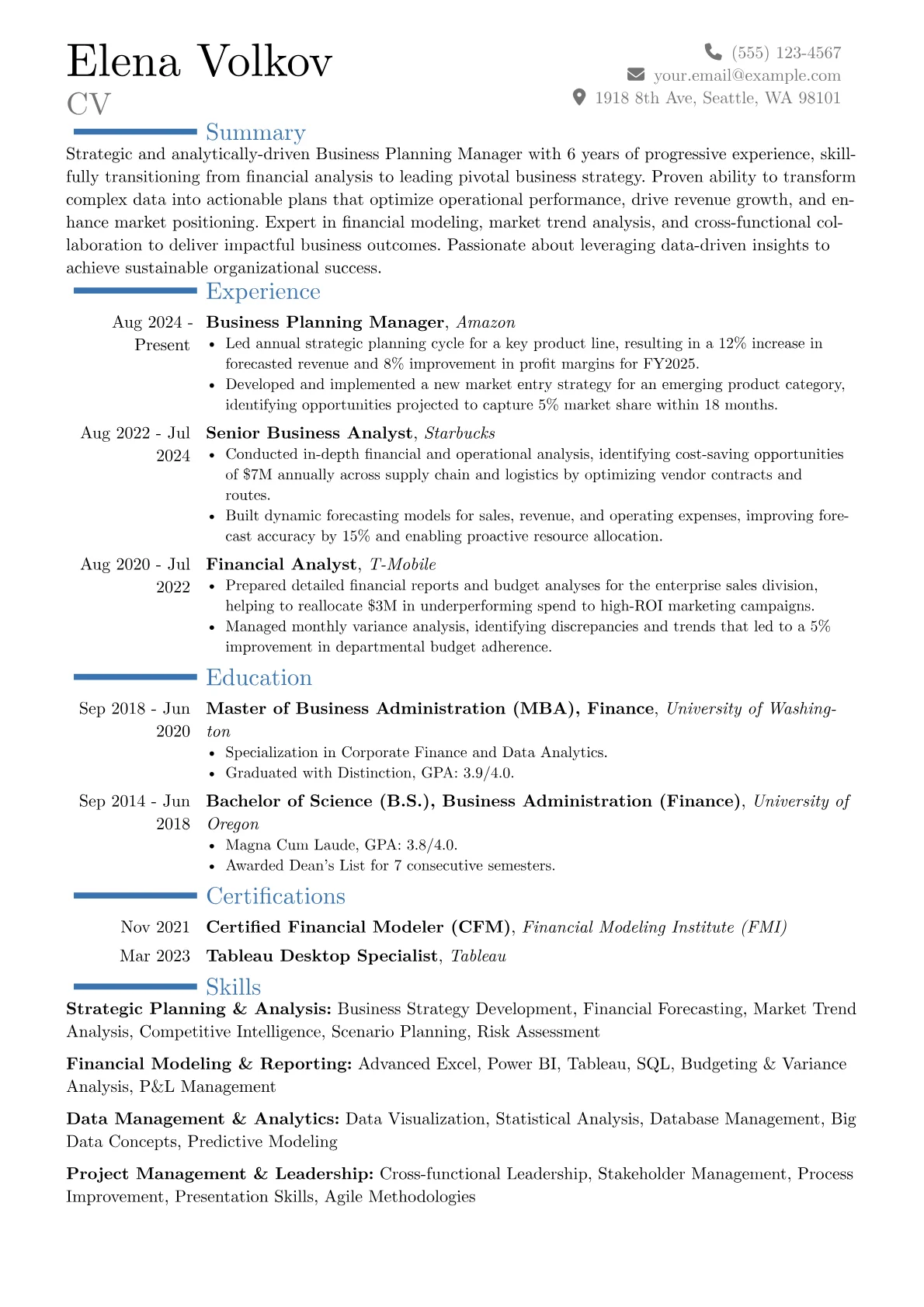 Business Planning Manager resume example, Career changer, page 1