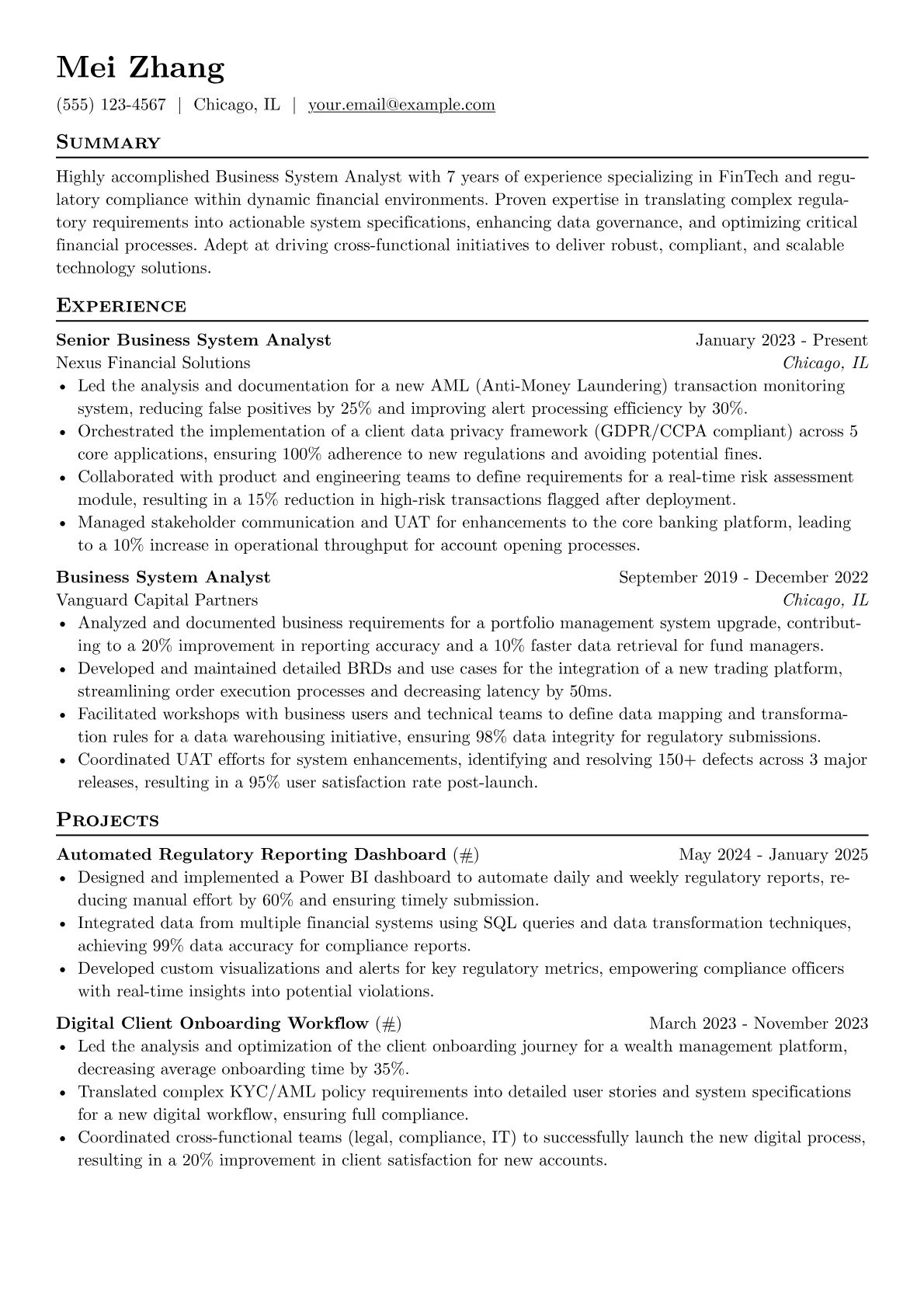 Business System Analyst resume example, Business Analysis, page 1