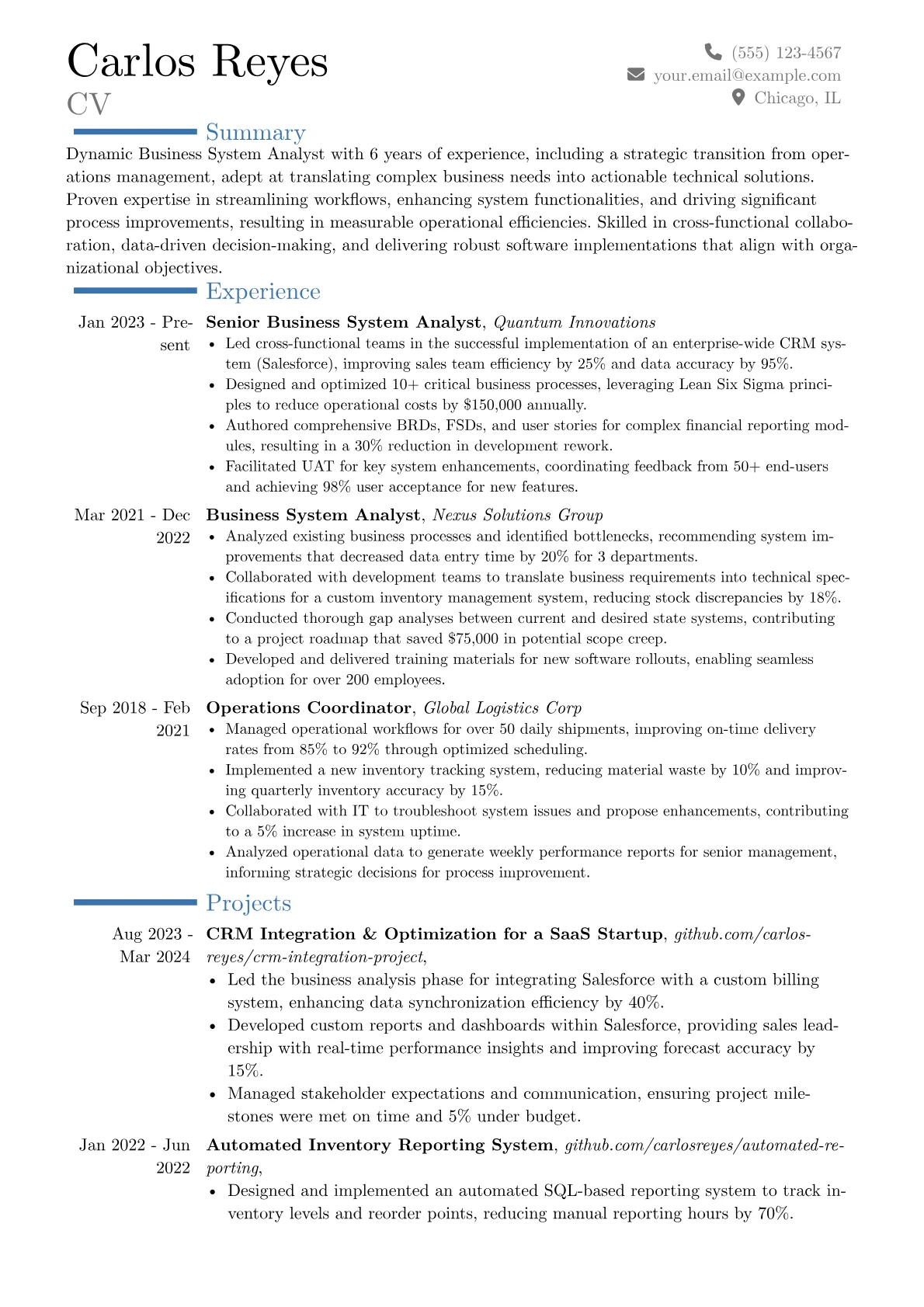 Business System Analyst resume example, Career changer, page 1