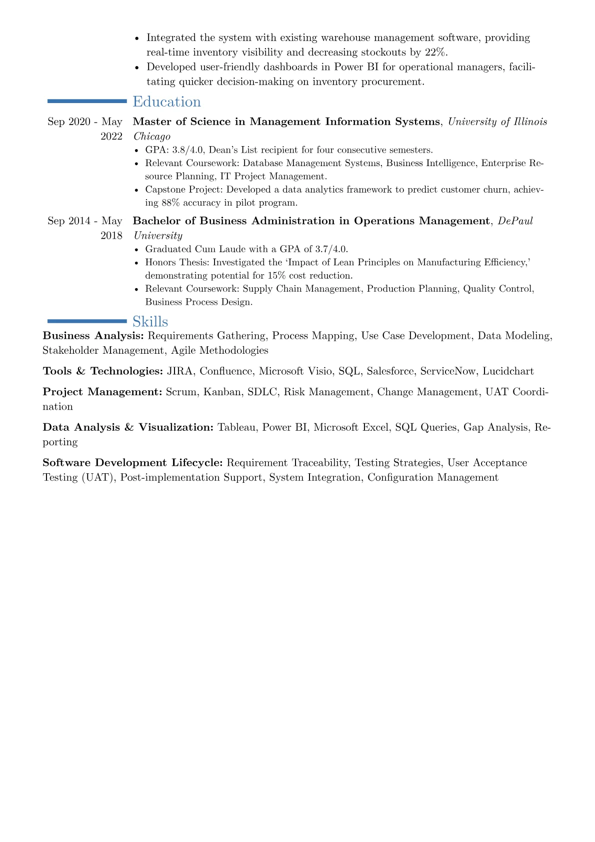 Business System Analyst resume example, Career changer, page 2