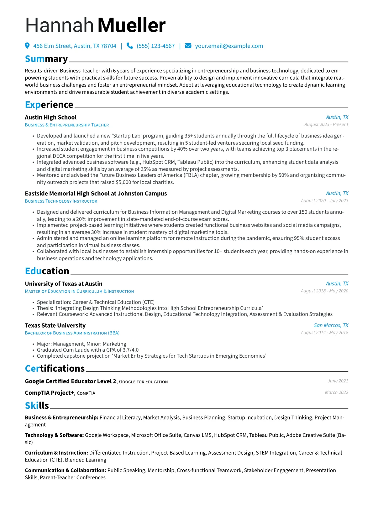 Business Teacher resume example, Business Teacher, page 1