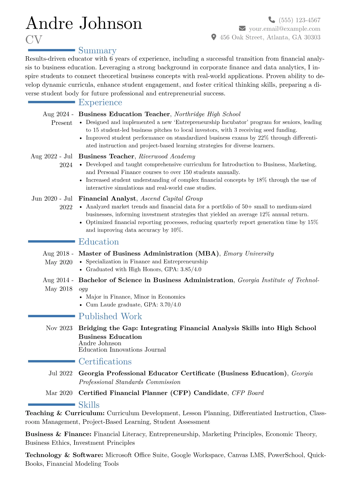 Business Teacher resume example, Career changer, page 1