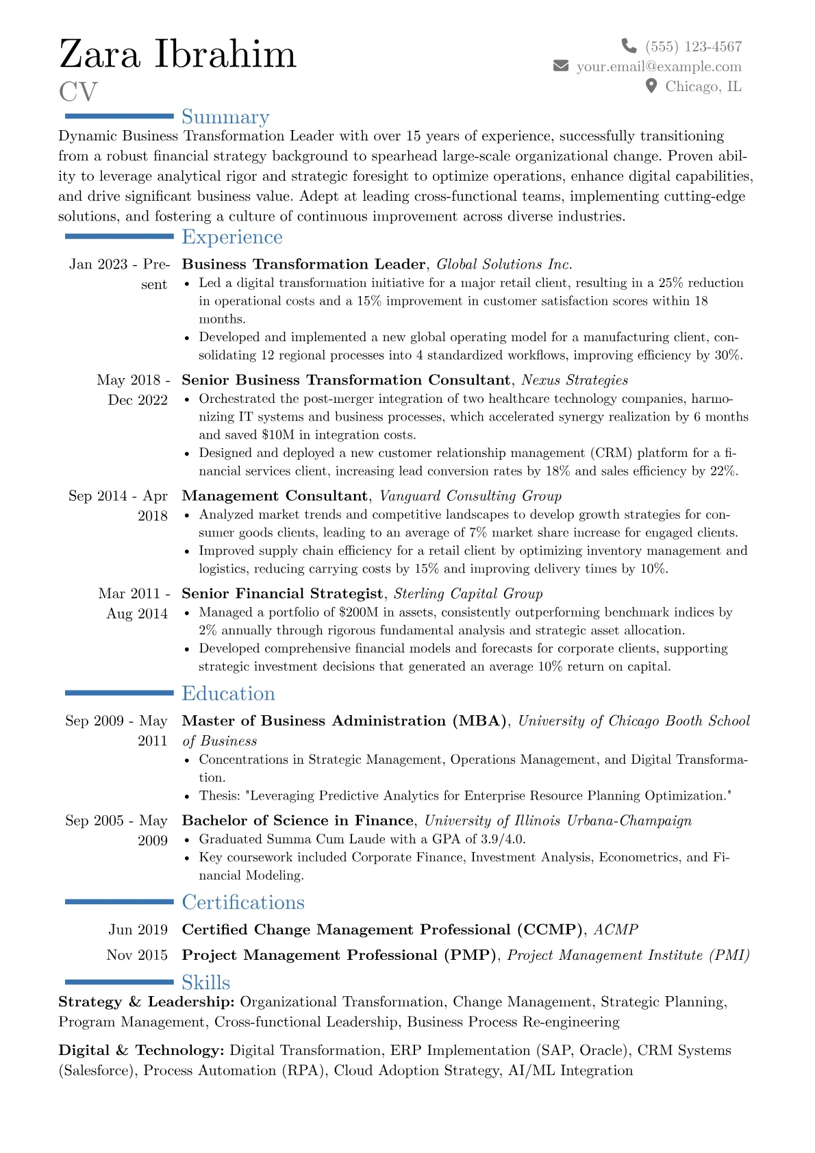Business Transformation Leader resume example, Career changer, page 1